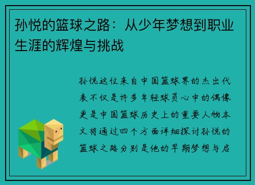 孙悦的篮球之路：从少年梦想到职业生涯的辉煌与挑战