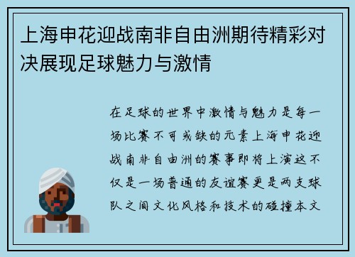 上海申花迎战南非自由洲期待精彩对决展现足球魅力与激情
