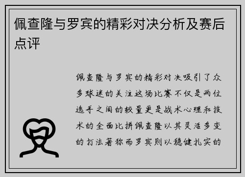 佩查隆与罗宾的精彩对决分析及赛后点评