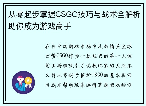 从零起步掌握CSGO技巧与战术全解析助你成为游戏高手