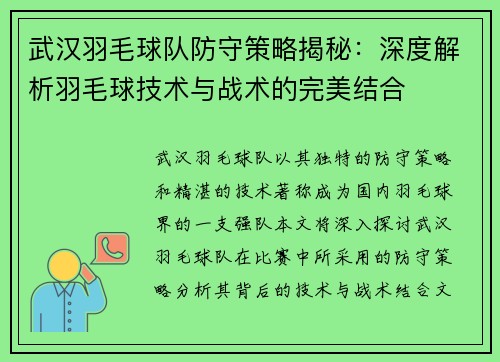 武汉羽毛球队防守策略揭秘：深度解析羽毛球技术与战术的完美结合